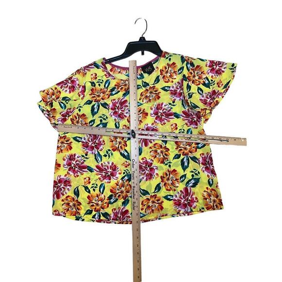 W5 Blouse Top Women's L Yellow Floral Flutter Short Sleeve Round Neck Polyester - Picture 5 of 5